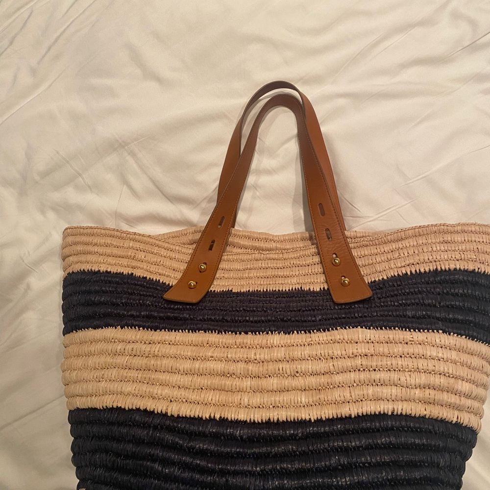 Frame denim basket bag, rafia, adjustable handles, beach bag